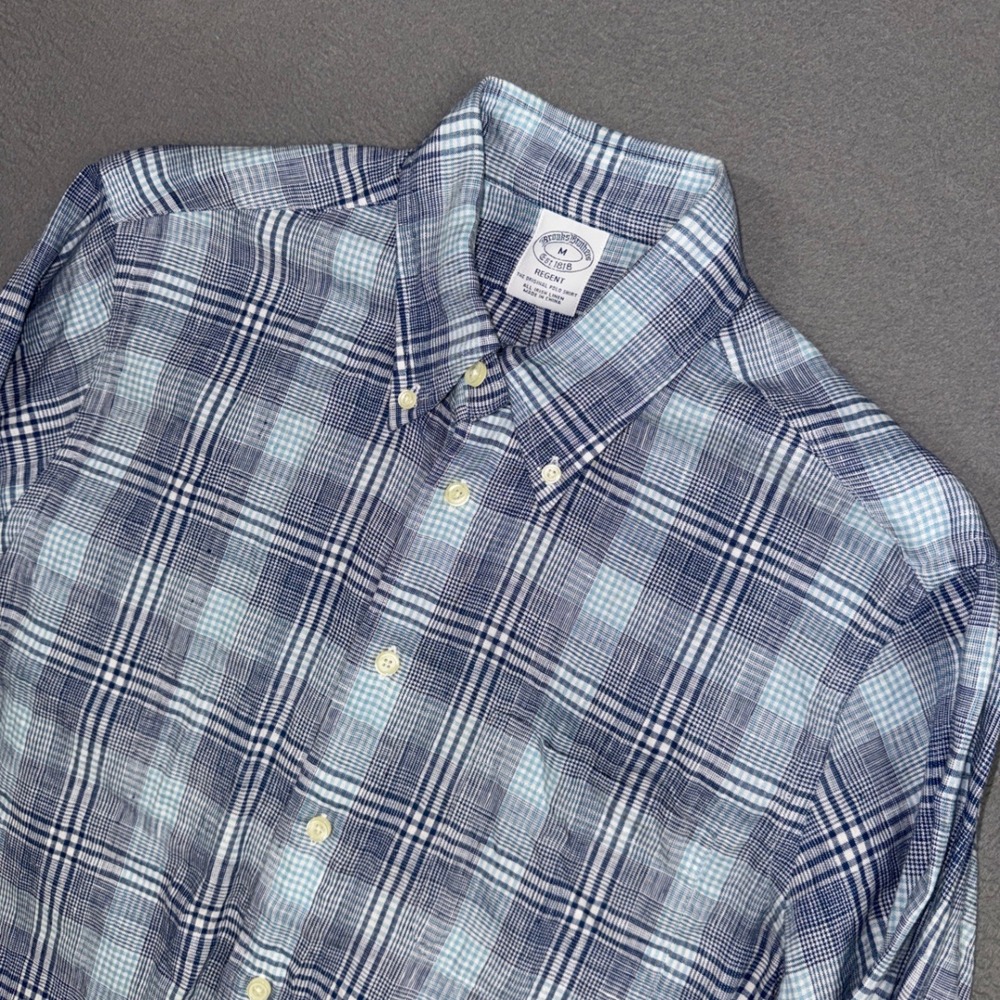 Brooks Brothers Shirt Mens Medium Blue Plaid Regent All Irish Linen Original
